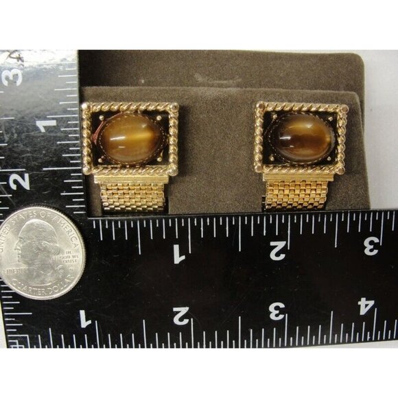 Swank Tiger Eye Cufflinks Mesh Set Gold Tone Wedding Tux Vintage IOB - Picture 9 of 16